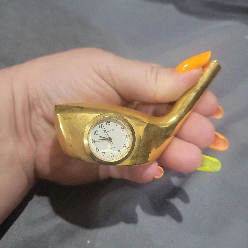 Arenix Gold Tone Golf Club Desk Clock Mini